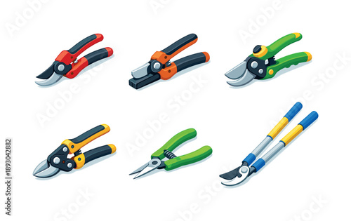 Colorful Shears Icons. Shear Types. Isometric flat vector icons set of Shear Types: bypass blade shears, anvil cutting shears, ratcheting garden shears,