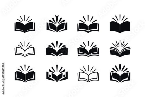 Theology Logo Variations. theology books. Icon set. Set Logo of theology books: book with divine rays. harmonious logo variations of the same emblematic