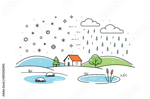 Seasonal Transition Illustration. Rain replacing snow concept. A minimal landscape where falling snowflakes gradually turn into light rain drops. Calm seasonal
