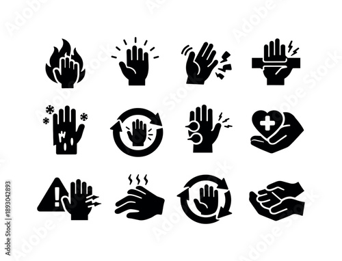 Chronic Hand Pain Icons. Chronic Hand Pain. Solid icon set of Chronic Hand Pain: burning sensation, flare-up icon, mobility issue, nerve pressure, cold hand