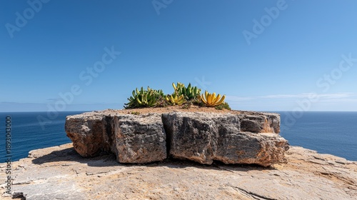 Wallpaper Mural A small rock formation with drought-tolerant plants on a cliff's edge, overlooking a vast, calm ocean under a bright, cloudless sky Torontodigital.ca