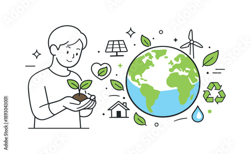 Caring for Earth. Environmental protection illustration. A character gently holding a green plant while Earth appears nearby with leaves and eco icons around.