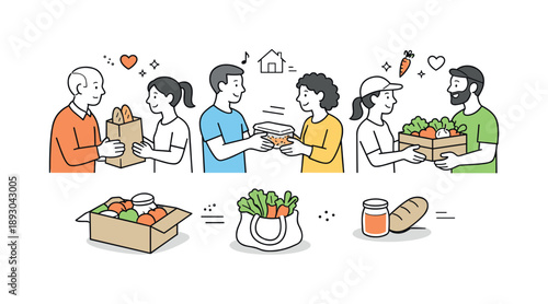 Community Food Exchange. Neighborhood food sharing. People passing homemade food and fresh produce to each other, simple bags and boxes, warm social