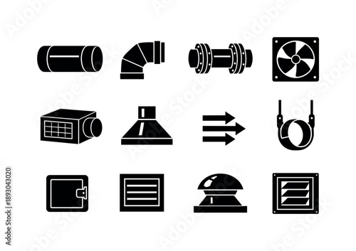 Industrial Ventilation Icons. Industrial Ventilation Ducts. Solid icon set of Industrial Ventilation Ducts: large diameter duct, metal elbow duct, flange