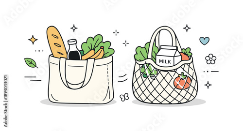 Eco-Friendly Grocery Bags. Eco grocery shopping bags. Reusable bags placed side by side, gently filled with groceries, highlighting sustainability