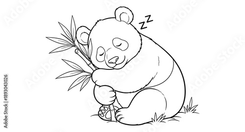 Cute cartoon panda bear sleeping peacefully while hugging a bamboo stalk