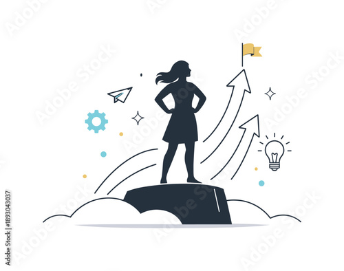 Confident Leadership Silhouette. Leadership and Confidence. Calm editorial scene with a single female silhouette standing slightly elevated, abstract lines