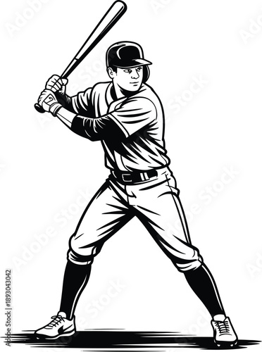 Baseball player, woodcut vector, batter in stance, black and white vintage print style illustration