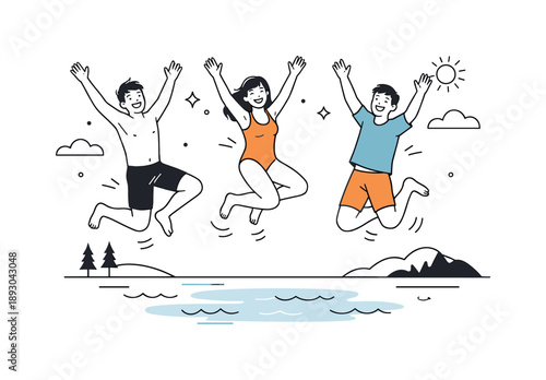 Joyful Lake Jump. Jumping into the lake together. Friends mid-air above the water, arms raised and smiling freely. Carefree summer energy and joyful friendship