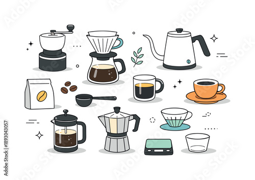 Minimalist Coffee Collection. Coffee preparation tools collection. Everyday brewing items displayed in an orderly flat lay, focusing on simplicity, balance,