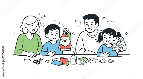 Joyful Family Crafting. Family making holiday crafts with kids. Children proudly showing handmade decorations while parents watch and smile. Encouragement,