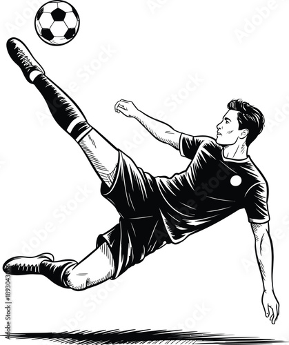 Soccer player, overhead kick vector, black and white ink sketch illustration design isolated