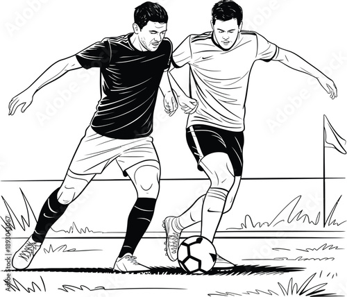 Football match sketch, two men fighting for ball in dynamic action pose outline design isolated