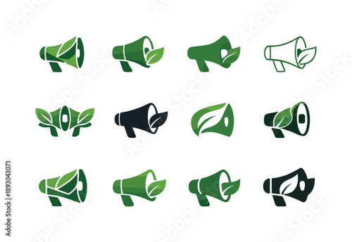 Environmental Icon Set. Environmental activism. Icon set. Set Logo of Environmental activism: megaphone with leaf. harmonious logo variations of the same