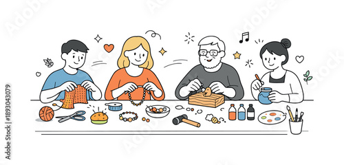 Crafting Together. Joy of making by hand. A friendly group scene with people enjoying personal crafts at a shared table, tools, textures, and soft details