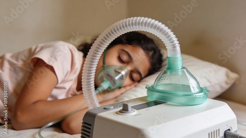 A child sleeps peacefully in bed while connected to an oxygen concentrator via a nasal cannula. The image conveys themes of respiratory health, medical care, and recovery.