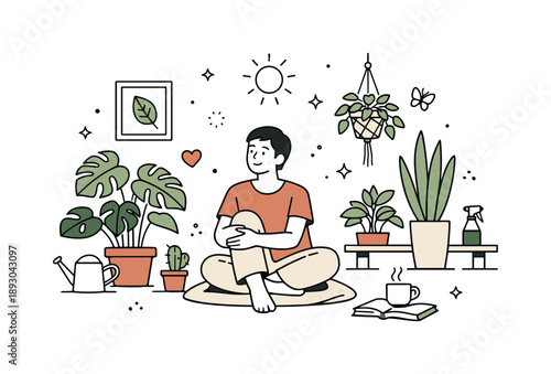Serene Plant Haven. Plant care lifestyle scene. A calm editorial interior with a person sitting among plants, enjoying the result of care and growth,