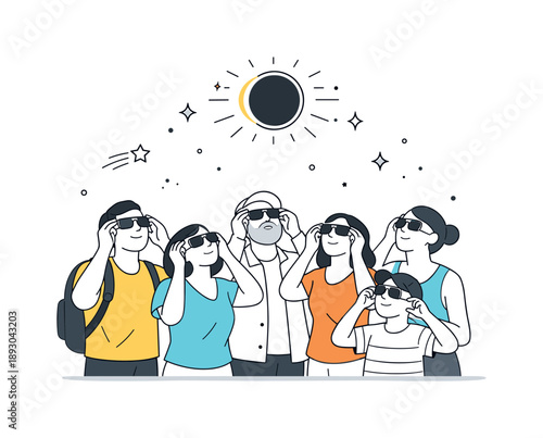Eclipse Gazing Unity. People watching eclipse. Group standing together and looking at the sky with protective glasses. Shared curiosity and quiet awe during a