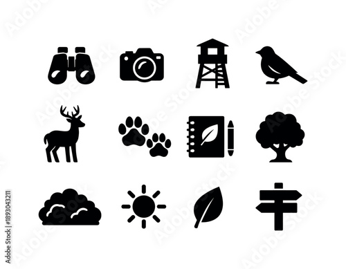Wildlife Observation Icons. Wildlife observation. Solid icon set of wildlife observation: binoculars, camera, observation tower, bird silhouette,
