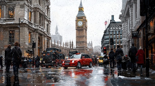 Wallpaper Mural A snowy day in a city with a large clock tower, people walking, vehicles on wet streets. Buildings line the road Torontodigital.ca