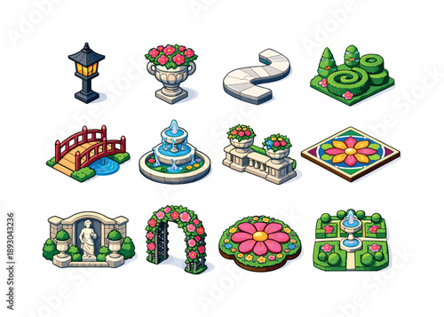 Ornamental Garden Icons. Ornamental Gardens. Colorful isometric vector icons set of Ornamental Gardens: garden lantern, flower urn, marble walkway, stylized
