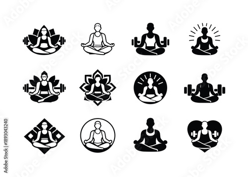 Mindfulness Icon Set. A person practicing mindfulness and relaxation after a workout session. Icon set. Set Logo of A person practicing mindfulness and