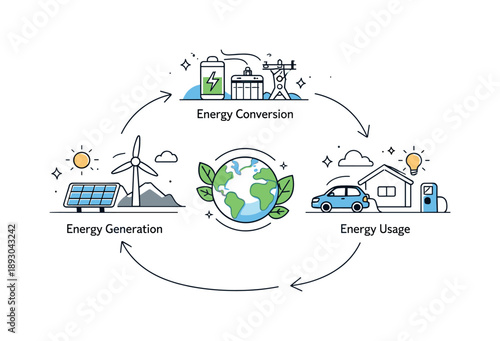 Clean Energy Cycle. Clean energy production cycle. Energy generation, conversion, and usage shown as connected stages in a smooth loop. Structured