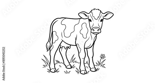 Cute cartoon calf with spots standing in grass with a small flower