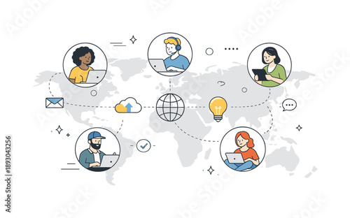 Global Workforce Collaboration. Global remote workforce. People working from different locations connected by simple lines and icons on a world map. The mood