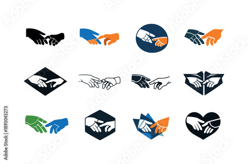 Synthetic Harmony Logos. Synthetic consciousness and humanity. Icon set. Set Logo of Synthetic consciousness and humanity: human hand and robotic