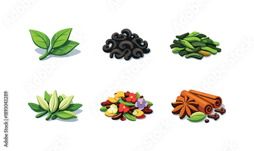 Isometric Tea Varieties. Tea Varieties. Isometric flat vector icons set of Tea Varieties: green tea leaves, black tea curls, oolong tea strips, white tea buds,