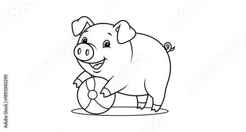Cute cartoon piglet playing with a ball, black and white line art illustration