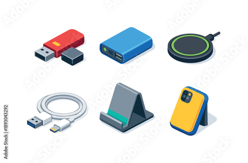 Digital Accessories Icons. Digital accessories. Isometric flat vector icons set of digital accessories: USB flash drive, power bank, wireless charger pad,