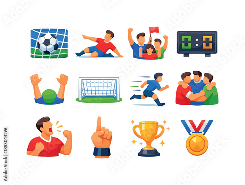 Match-Winning Icons. Match-winning goal. Colorful flat vector icons set of Match-winning goal: ball inside net, player slide, cheering fans, digital