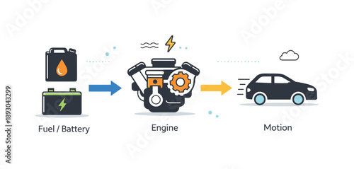 Energy Conversion Cycle. Fuel and energy cycle. Visual of fuel or battery powering the engine, with arrows showing energy conversion to motion. Calm,