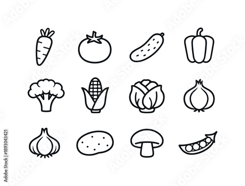 Vegetable Icon Set. Vegetables. Line icon set of vegetables: carrot, tomato, cucumber, bell pepper, broccoli, corn cob, lettuce head, onion, garlic, potato,