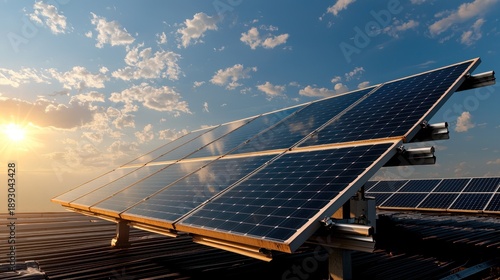 Wallpaper Mural Angled array of photovoltaic panels basks in sunlight against a blue sky with scattered clouds. Clean energy source Torontodigital.ca