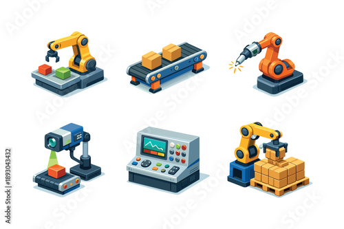 Industrial Robot Icons. Industrial Robots. Isometric flat vector icons set of industrial robots: assembly line robot, conveyor belt module, welding robot arm,