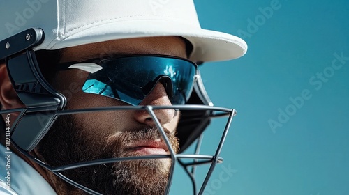 Wallpaper Mural Close-up of a cricketer in helmet, visor reflecting sky. Focus on face, with clear details and blue background Torontodigital.ca