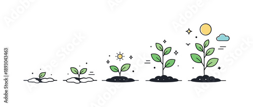 Hopeful Plant Growth. Fresh beginnings. Young plants growing step by step from cold ground into open space. The mood reflects resilience, hope, and gentle