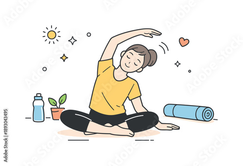 Mindful Home Stretching. Home workout stretching. Person doing simple stretching exercises with relaxed posture. Gentle movement and mindful start or end of a