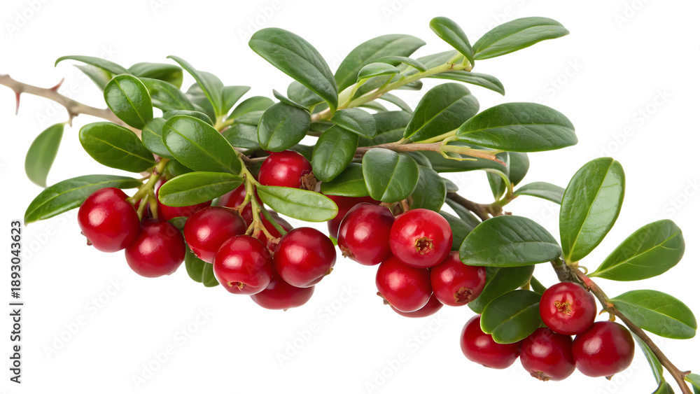 Obraz premium Freshly picked ripe red cranberries on a leafy green branch, ready for harvest