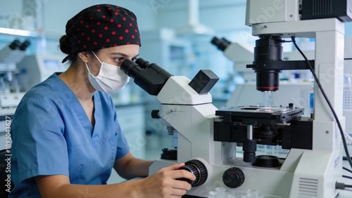 A scientist in a lab coat and mask examines a slide under a microscope in a laboratory setting. The image conveys themes of scientific research, medical analysis, and technological advancement.