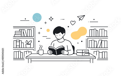 Peaceful Library Reading. Library quiet reading. A calm library interior where a person reads a book at a desk surrounded by neatly arranged shelves. Peaceful,