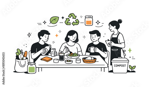 Eco-Friendly Dining. Zero-waste hospitality concept. A restaurant scene using reusable tableware, cloth napkins, and minimal packaging. Calm thoughtful