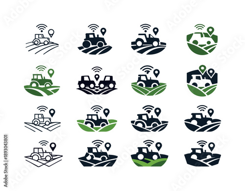 Precision Farming Icons. Precision farming. Icon set. Set Logo of precision farming: GPS-guided tractor. harmonious logo variations of the same emblematic