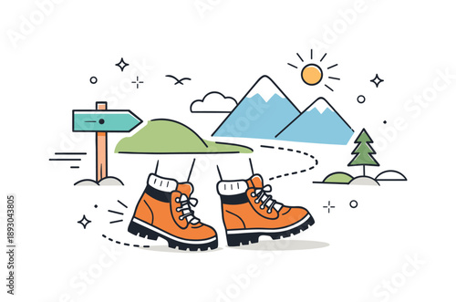 Trail Adventure Illustration. Hiking boots and trail journey. Boots walking along a marked path with simple signpost and abstract landscape shapes around.