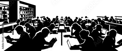 Silhouette of People studying in library with bookshelves and laptops