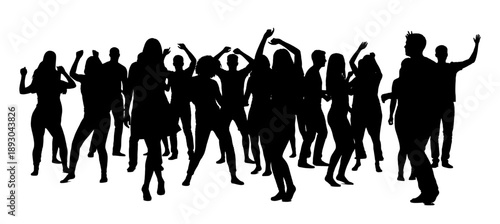 Silhouette of people dancing and celebrating with raised hands