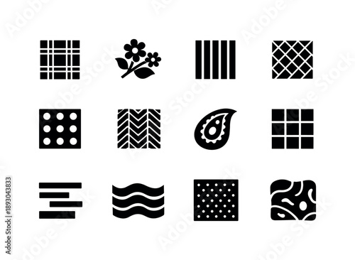 Textile Pattern Icons. Textile Patterns. Solid icon set of Textile Patterns: plaid design, floral print, stripe pattern, geometric textile, polka
